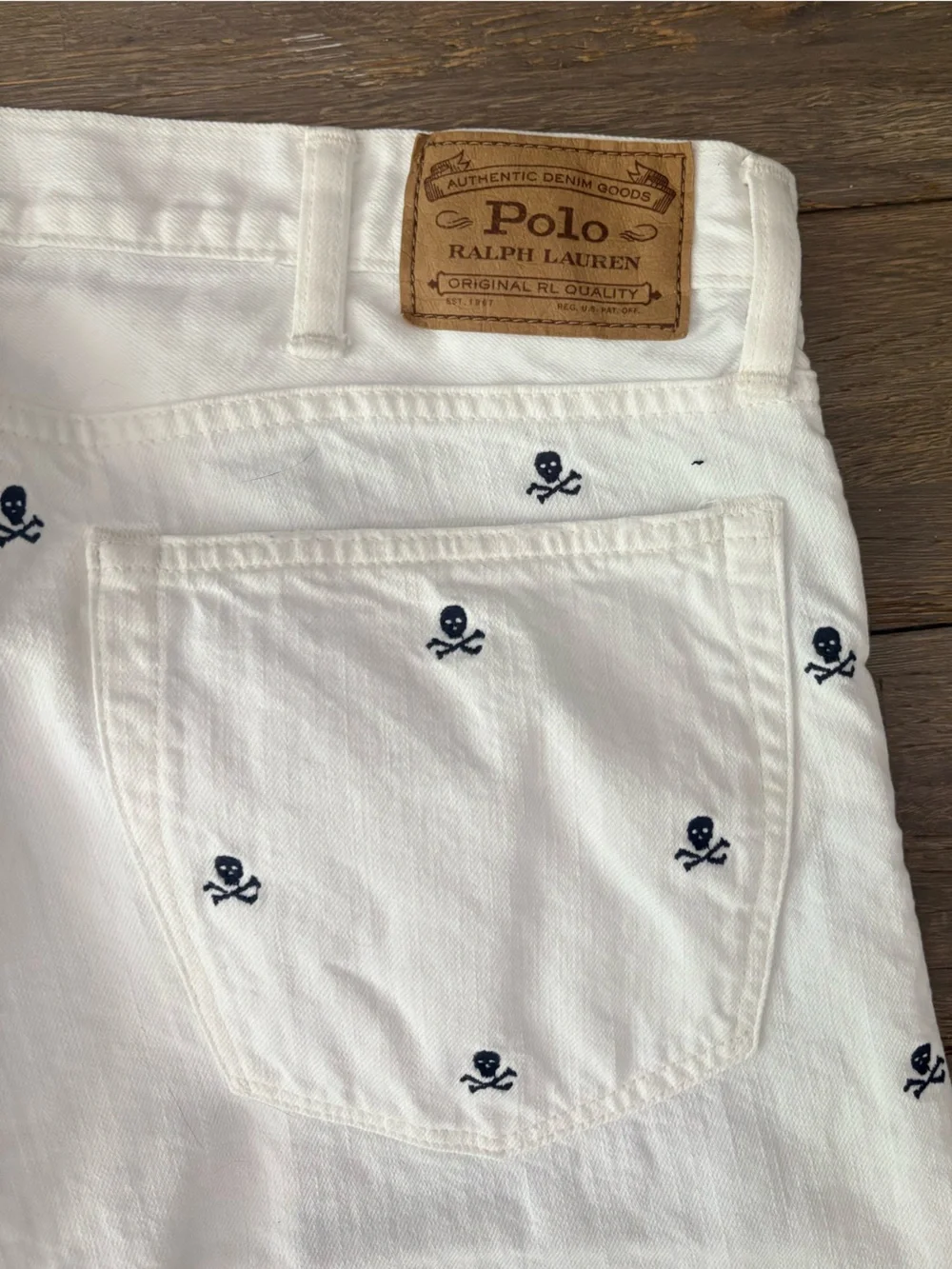 Polo Ralph Lauren White Slim Straight Denim Jeans Skull Crossbones 38x34 EUC